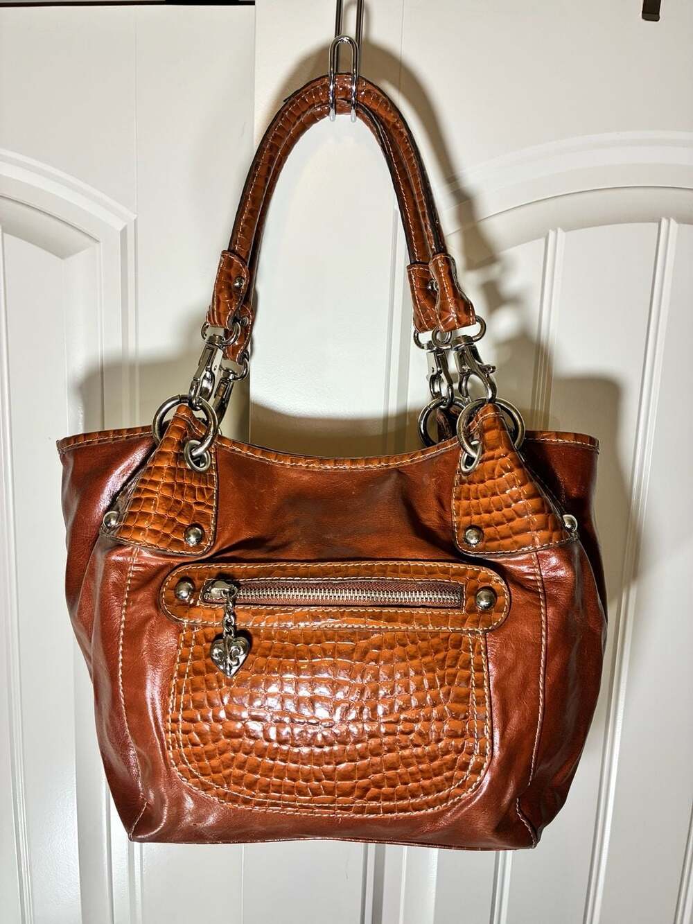 Kathy Van Zeeland Brown Faux Croc Accent Hobo Shoulder Bag